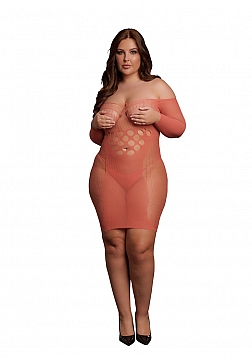 Long-Sleeved Net Mini Dress - Queen Size - Sunset Glow